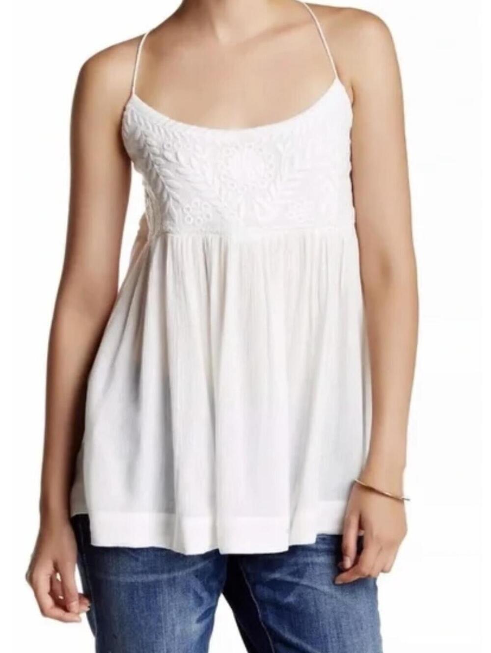 Free People White Embroidered Blackbird Tank Top, Women's Large